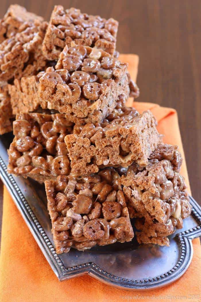 A platter stacked high with Count Chocula Marshmallow Cereal Treats