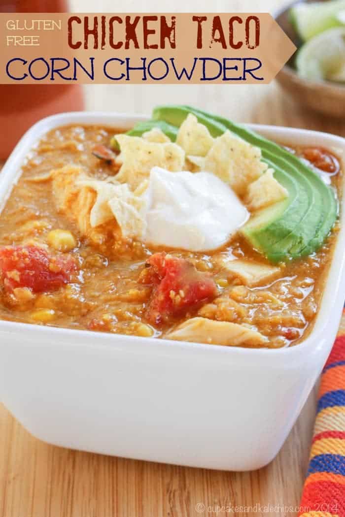 Gluten Free Chicken Taco Corn Chowder is a spicy version of my favorite soup recipe that's easy, healthy, and gluten free | cupcakesandkalechips.com