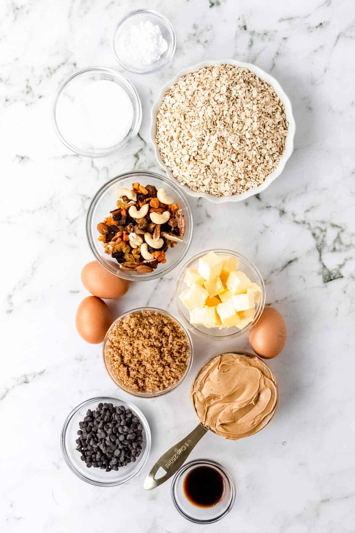 The ingredients for gluten-free trail mix cookies.