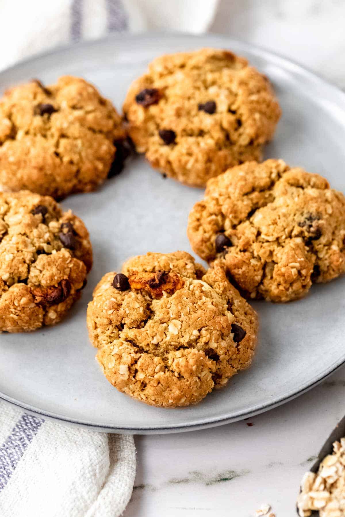 Trail mix cookies arranged in a circle on a grey plate.