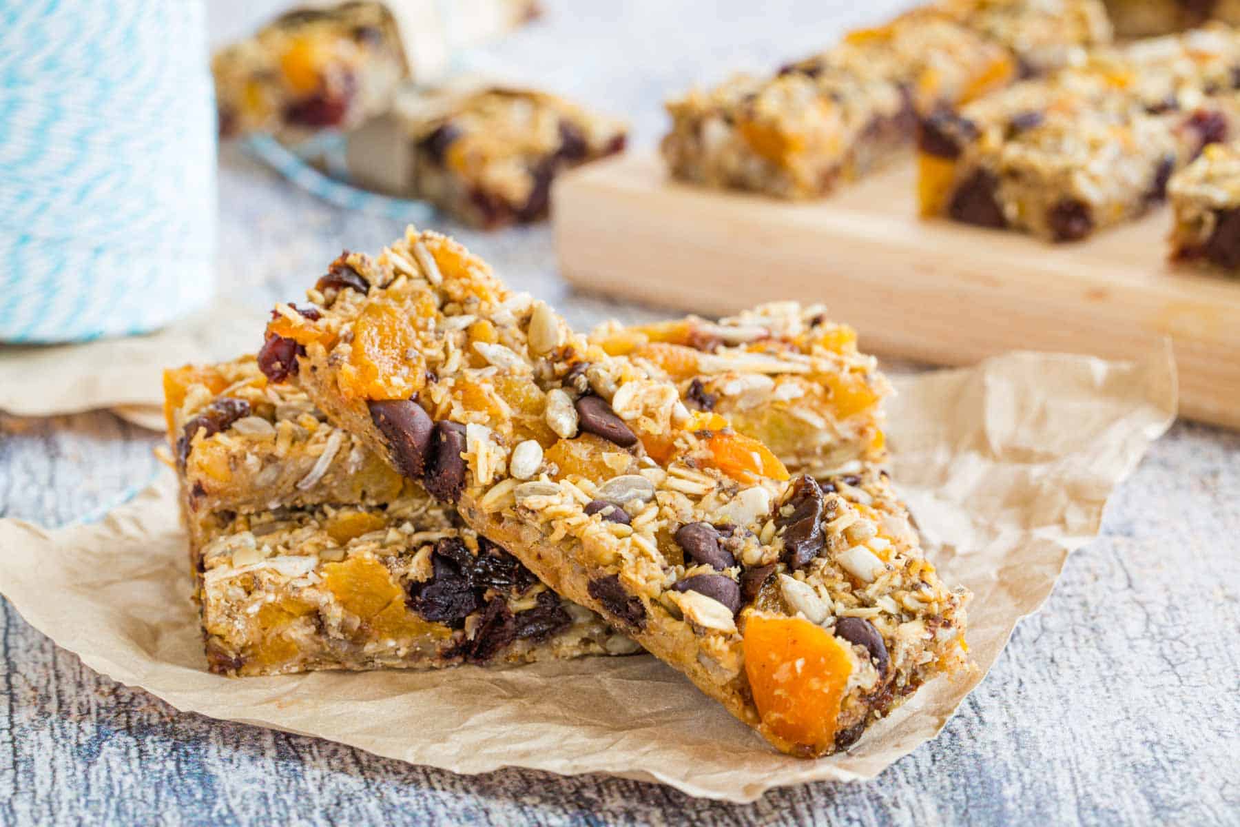 Allergy Friendly Trail Mix Granola Bars with oats, fried fruit, seeds, and chocolate chips