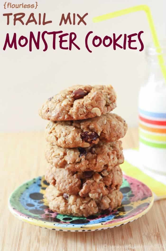 Trail Mix Monster Cookies - a healthier version of the classic flourless oatmeal peanut butter cookie recipe filled with nuts and chocolate. And they're gluten free! | cupcakesandkalechips.com 