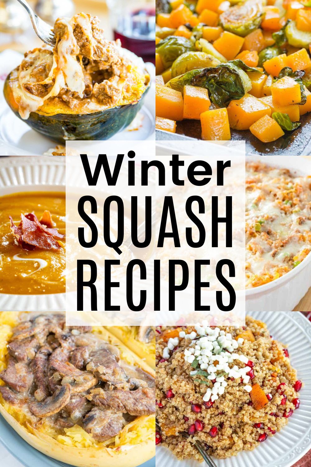 A collage of different winter squash recipes including stuffed spaghetti squash, roasted butternut squash with with quinoa, and more with text overlay.