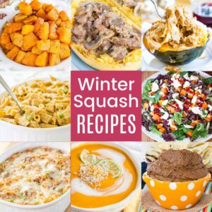A collage of different winter squash recipes including soup, salad, roasted squash and more, with text overlay on a pink bog in the middle.