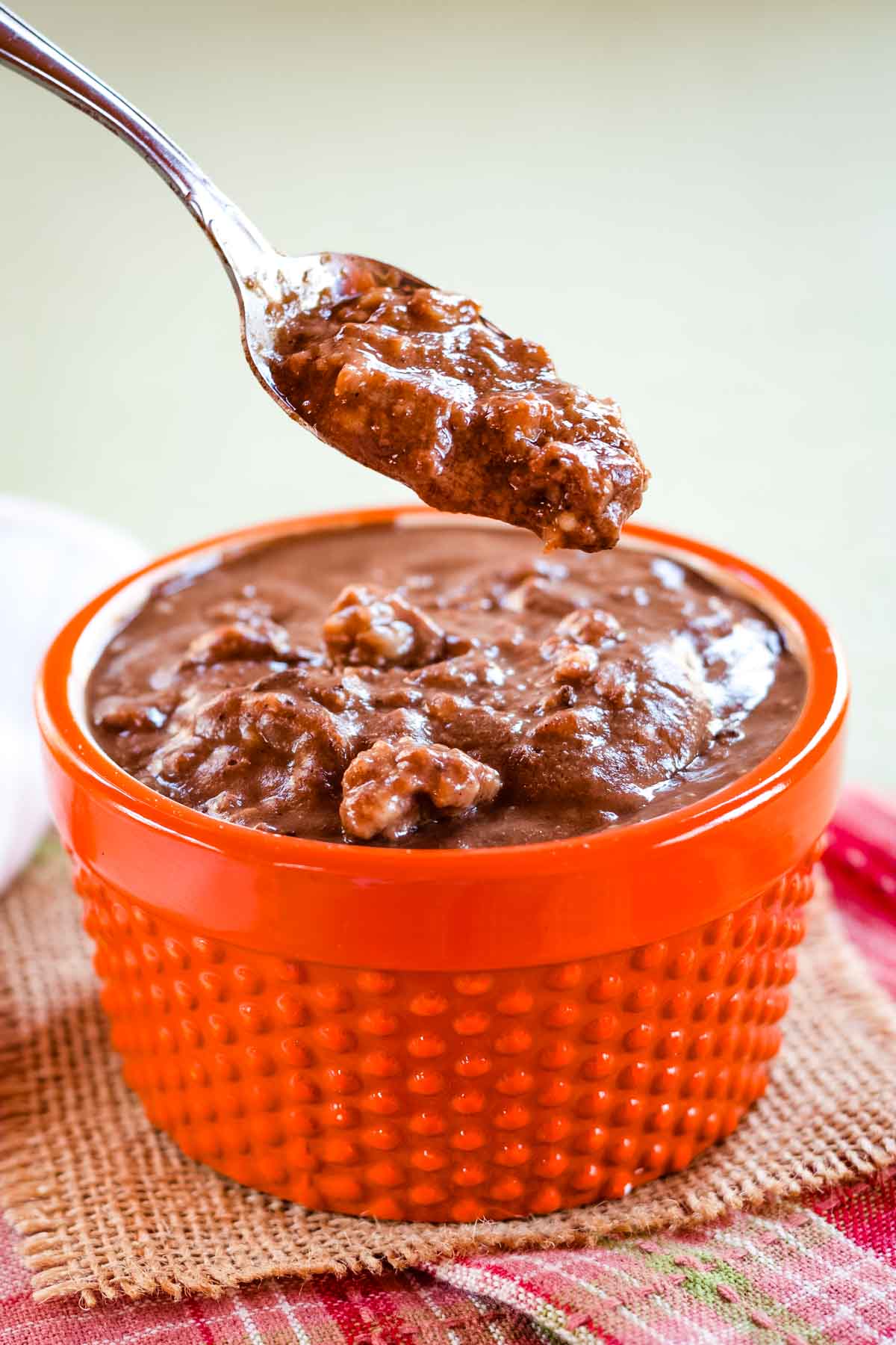 A spoon holding a bite of chocolate oatmeal above the bowl.