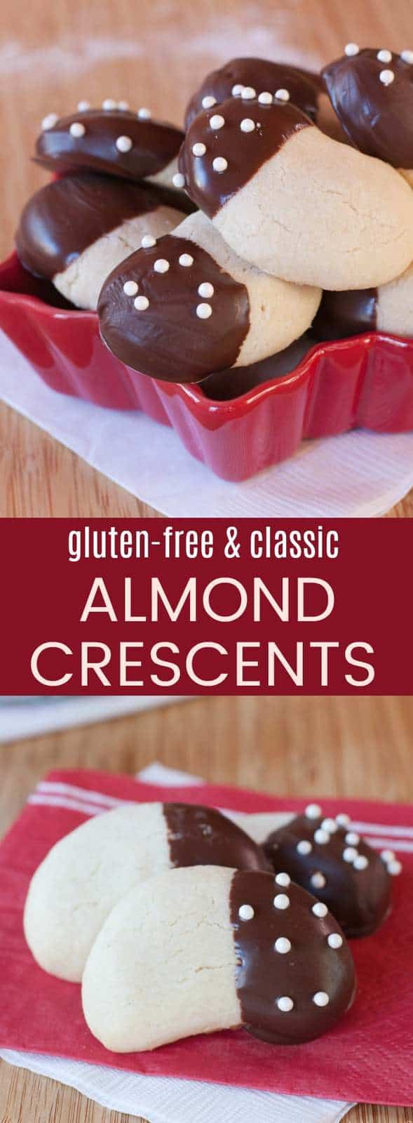Almond Crescents - with gluten-free and classic recipes, this traditional Christmas cookie recipe is sure to be a family favorite for holiday baking! Tender and buttery, and dipped in chocolate and sprinkles! #glutenfree #glutenfreebaking #cookies #christmascookies #almondcrescents