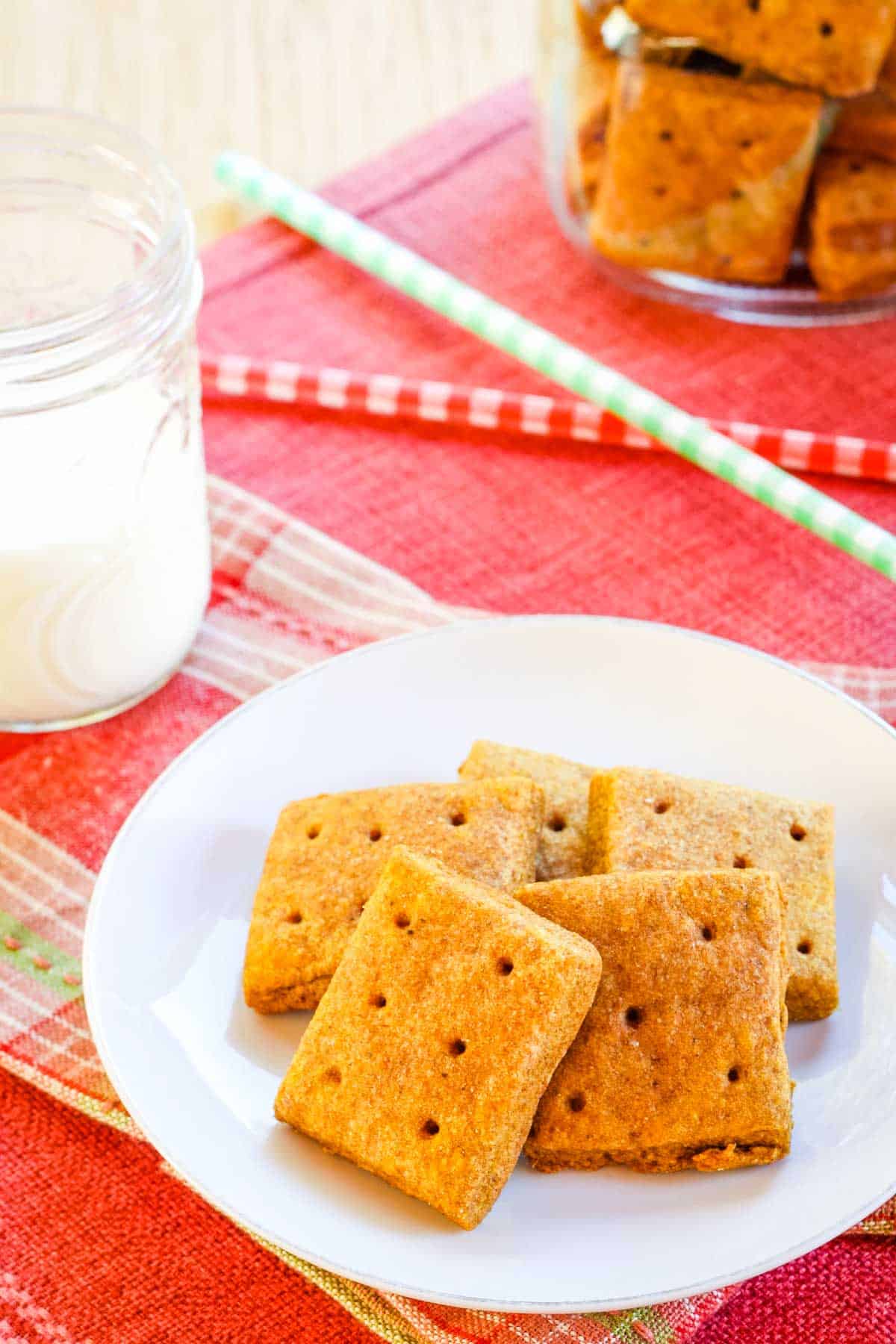 Soft and chewy Graham crackers are served on a plate with a glass of milk