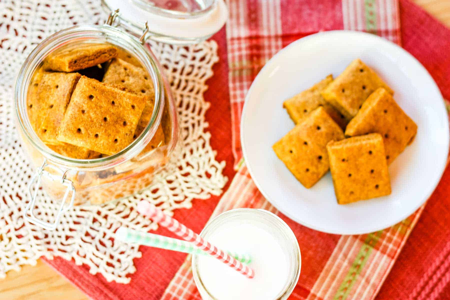 Pumpkin Graham crackers are a great snack, served here with a glass of milk