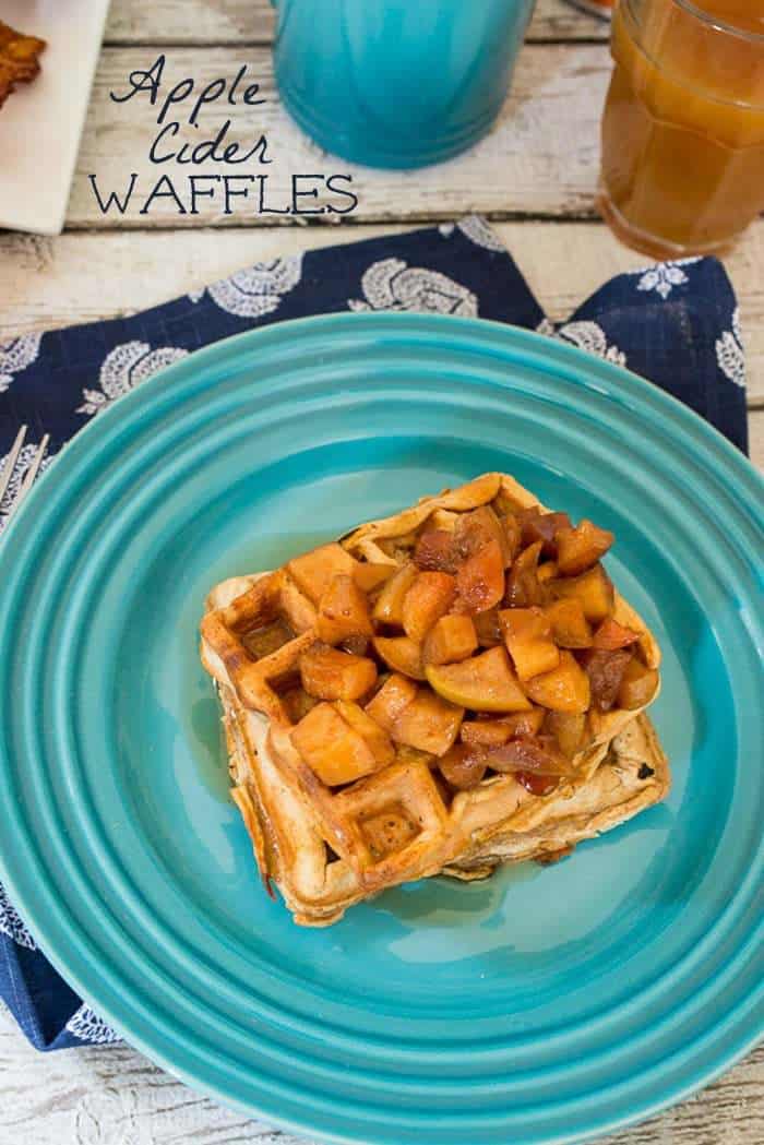 Apple Cider Waffles topped with the sautéed chopped apples are a hearty breakfast recipe or make-ahead brunch the family will love to wake up to | thegirlinthelittleredkitchen.com for cupcakesandkalechips.com