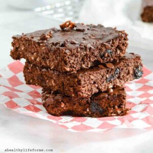 Double chocolate protein brownies with dried cherries in them.