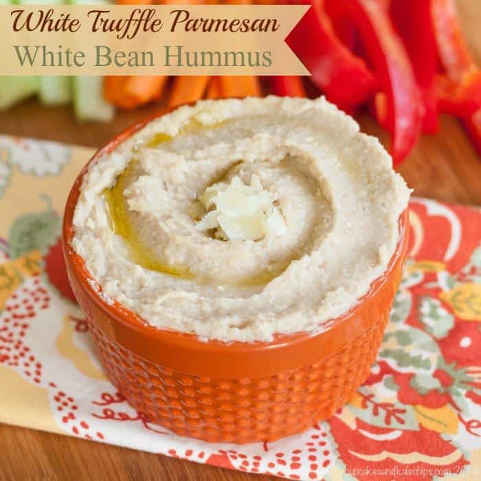 White Truffle Parmesan White Bean Hummus is a simple but luxurious party appetizer. You only need four ingredients and five minutes to make this delicious dip! | cupcakesandkalechips.com | gluten free, vegetarian