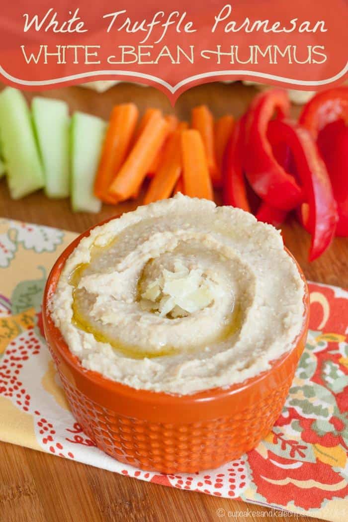 White Truffle Parmesan White Bean Hummus is a simple but luxurious party appetizer. You only need four ingredients and five minutes to make this delicious dip! | cupcakesandkalechips.com | gluten free, vegetarian