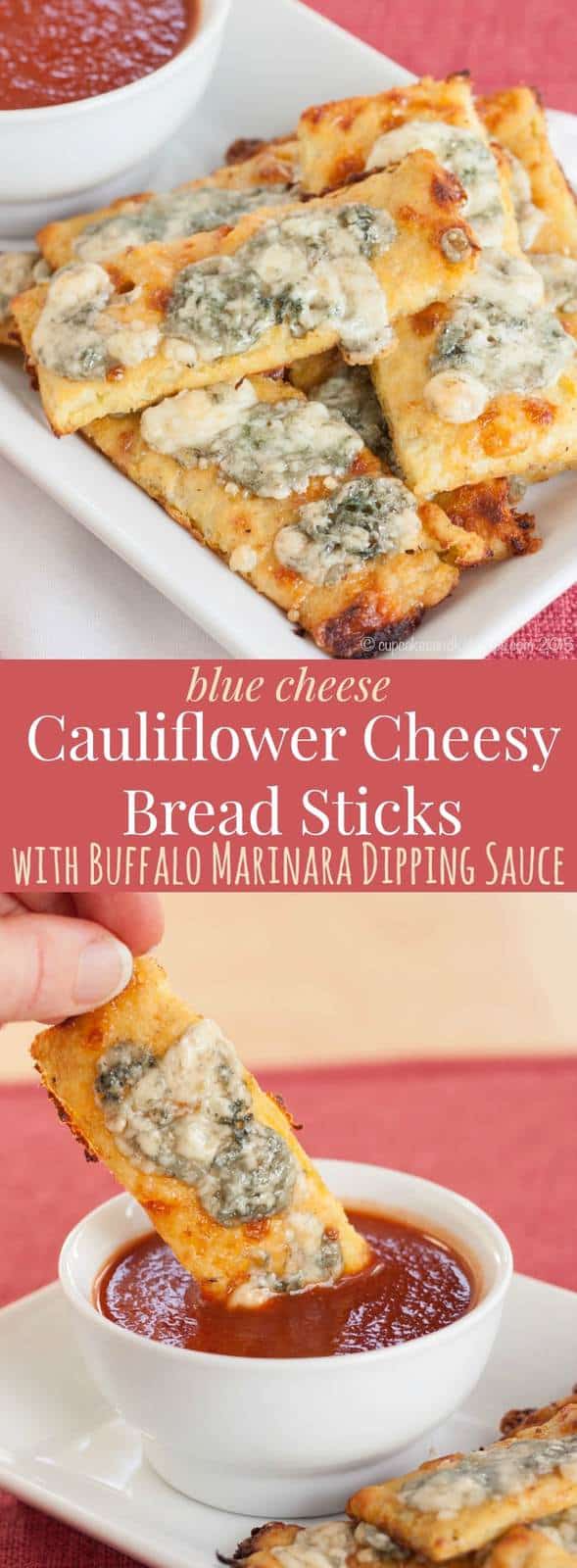 Blue Cheese Cauliflower Cheesy Bread Sticks with Buffalo Marinara Dipping Sauce - a crispy, gooey, spicy appetizer recipe that's low carb and gluten free!