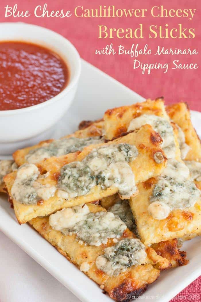 Blue Cheese Cauliflower Cheesy Bread Sticks with Buffalo Marinara Dipping Sauce - a crispy, gooey, spicy appetizer recipe that's low carb and gluten free!