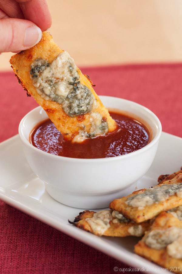 Blue Cheese Cauliflower Cheesy Bread Sticks with Buffalo Marinara Dipping Sauce - a crispy, gooey, spicy appetizer recipe that's low carb and gluten free!