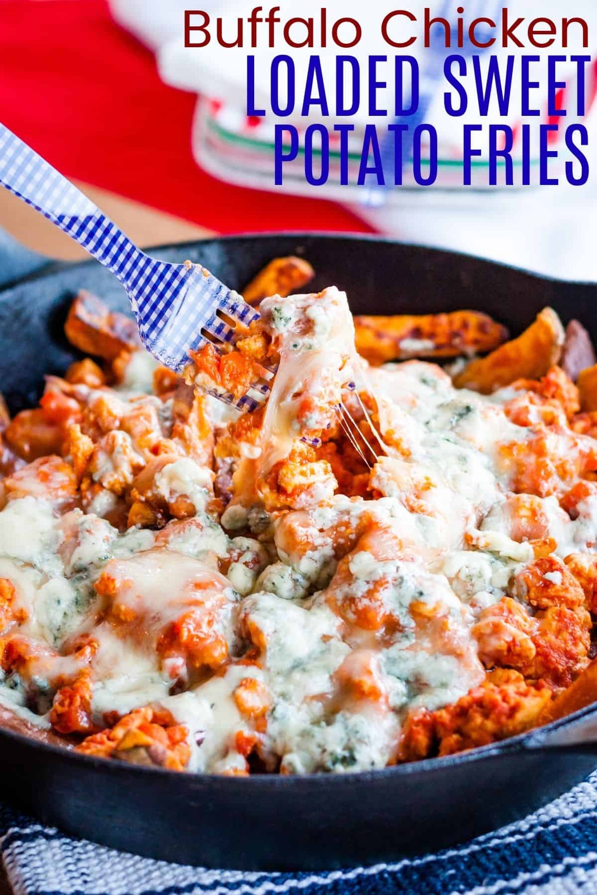 Buffalo Chicken Loaded Baked Sweet Potato Fries - a tasty twist on poutine with plenty of spicy hot wing flavor and lots of cheese
