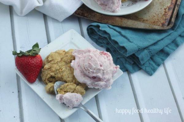 Coconut milk strawberry ice cream served over honey orange biscuits.