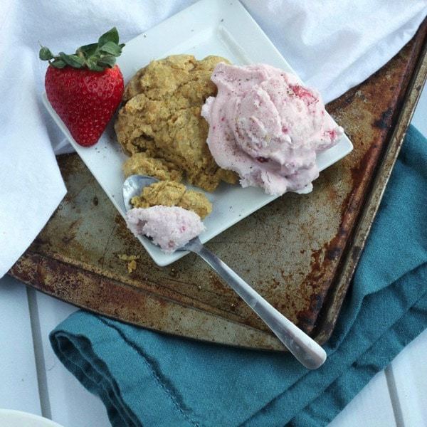 Strawberry ice cream with honey orange biscuits. 