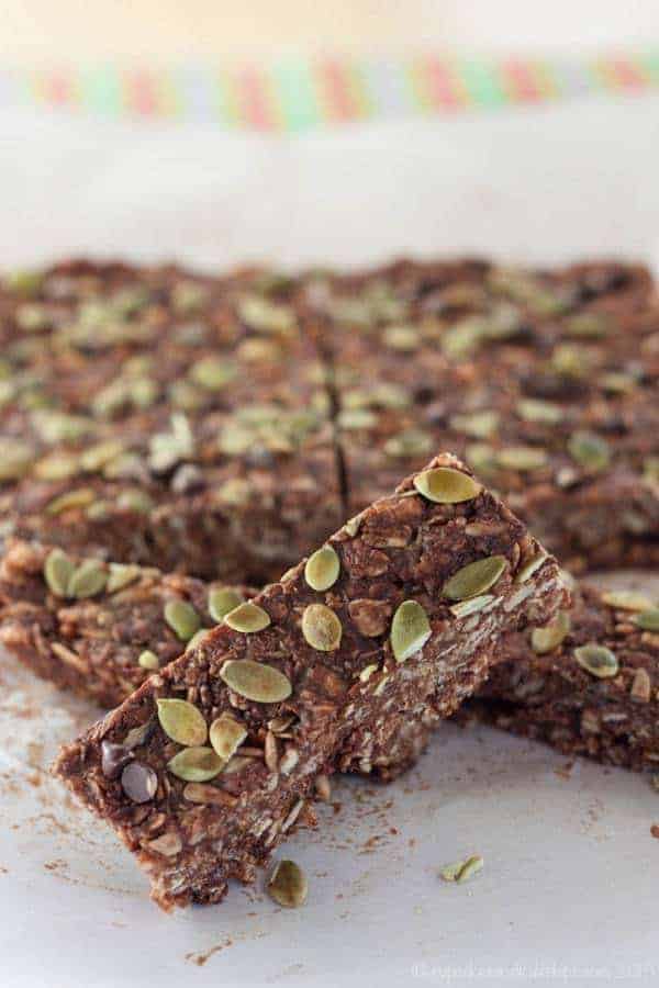 No-Bake Nut-Free Granola Bars - and easy and indulgent healthy snack with chocolate and coconut, but not a lot of sugar from the sugarfreemom.com cookbook | cupcakesandkalechips.com | gluten free, dairy free, vegan