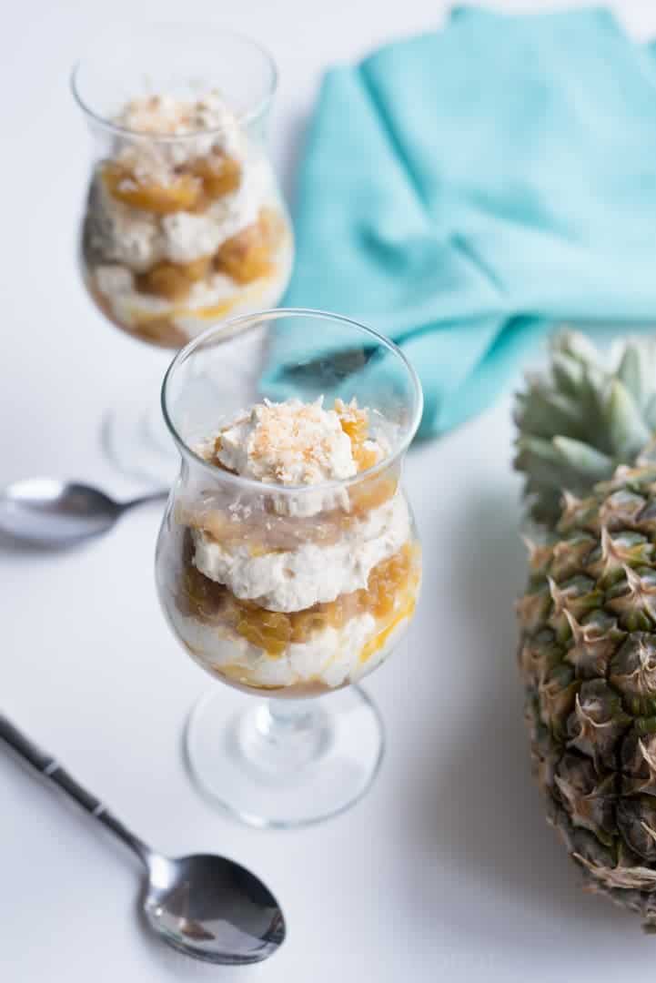 Pineapple Coconut Fool - layers of caramelized pineapple and naturally sweetened whipped cream (or coconut cream to make it vegan) prove that a healthy fruit dessert can be decadent| pineappleandcoconut.com for cupcakesandkalechips.com | gluten free
