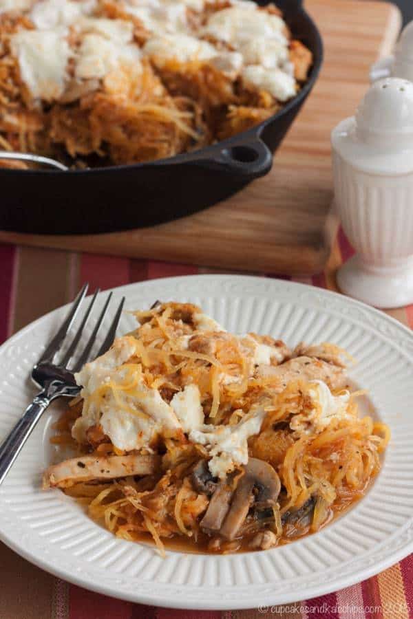 Sicilian Chicken and Mushrooms Spaghetti Squash Casserole is a hearty and comforting special meal made easy with McCormick's Skillet Sauces | cupcakesandkalechips.com | #McSkilletSauce
