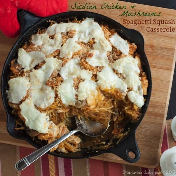 Sicilian Chicken and Mushrooms Spaghetti Squash Casserole is a hearty and comforting special meal made easy with McCormick's Skillet Sauces | cupcakesandkalechips.com | #McSkilletSauce