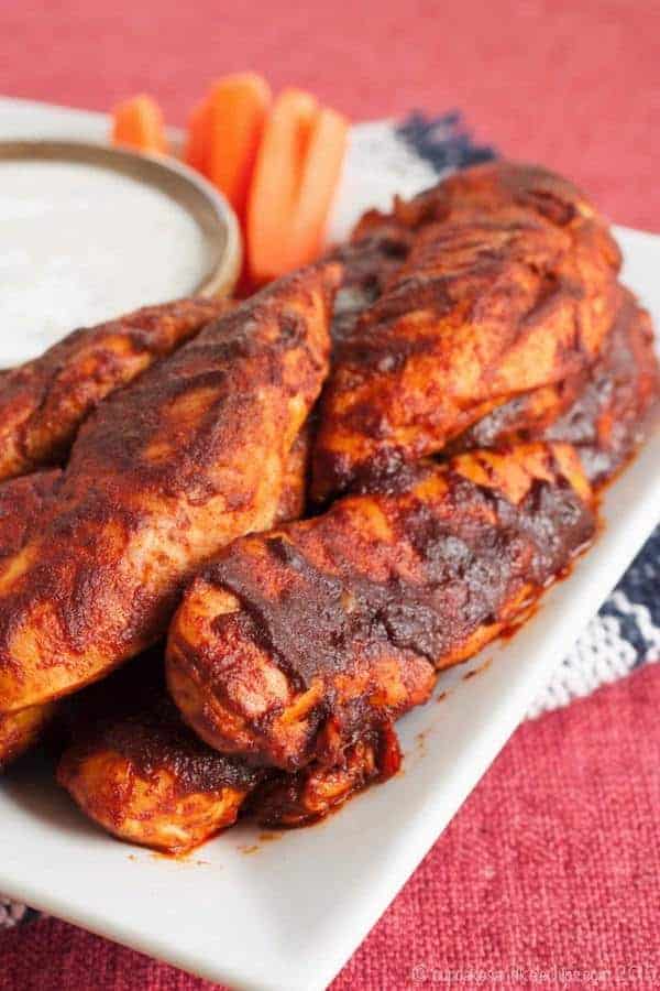 Smoky Glazed Buffalo Chicken Tenders - four ingredients and a few minutes and you'll be licking your fingers and lips with this easy dinner or game day party appetizer made with @meltorganic #ButterImprovement | cupcakesandkalechips.com | gluten free