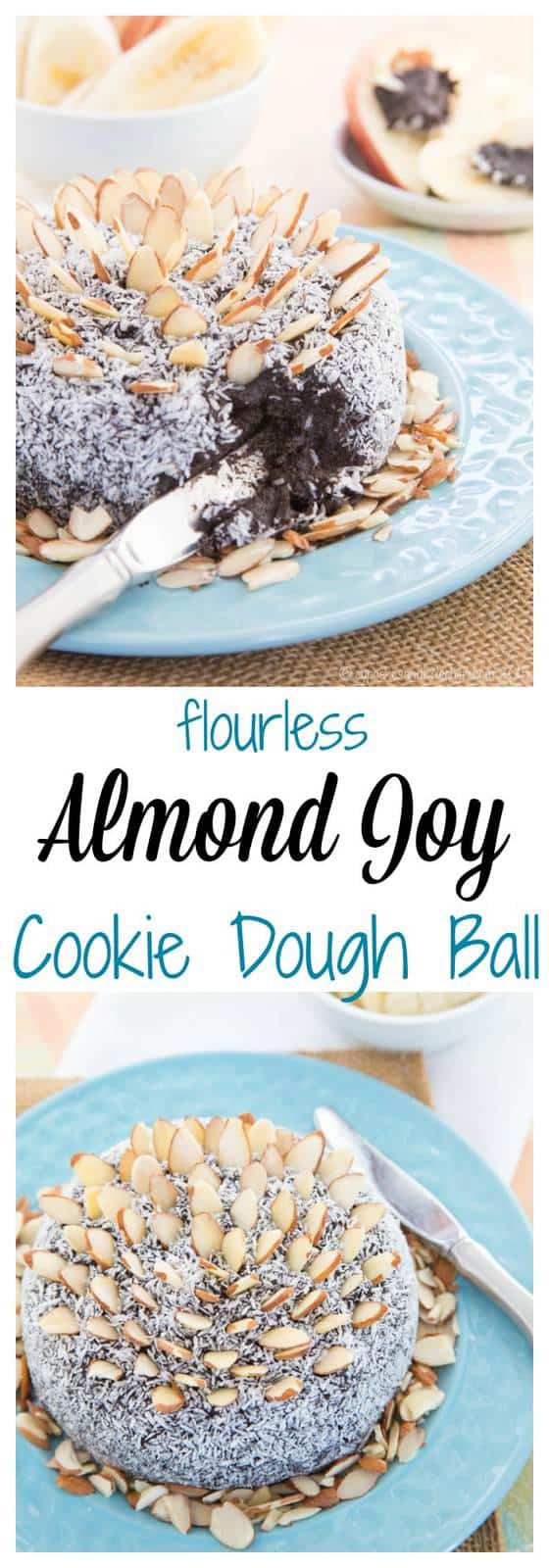 Flourless Almond Joy Cookie Dough Ball has the classic combination of chocolate, coconut, and almonds in a decadent dessert dip that's secretly healthy! | cupcakesandkalechips.com | gluten free, vegan