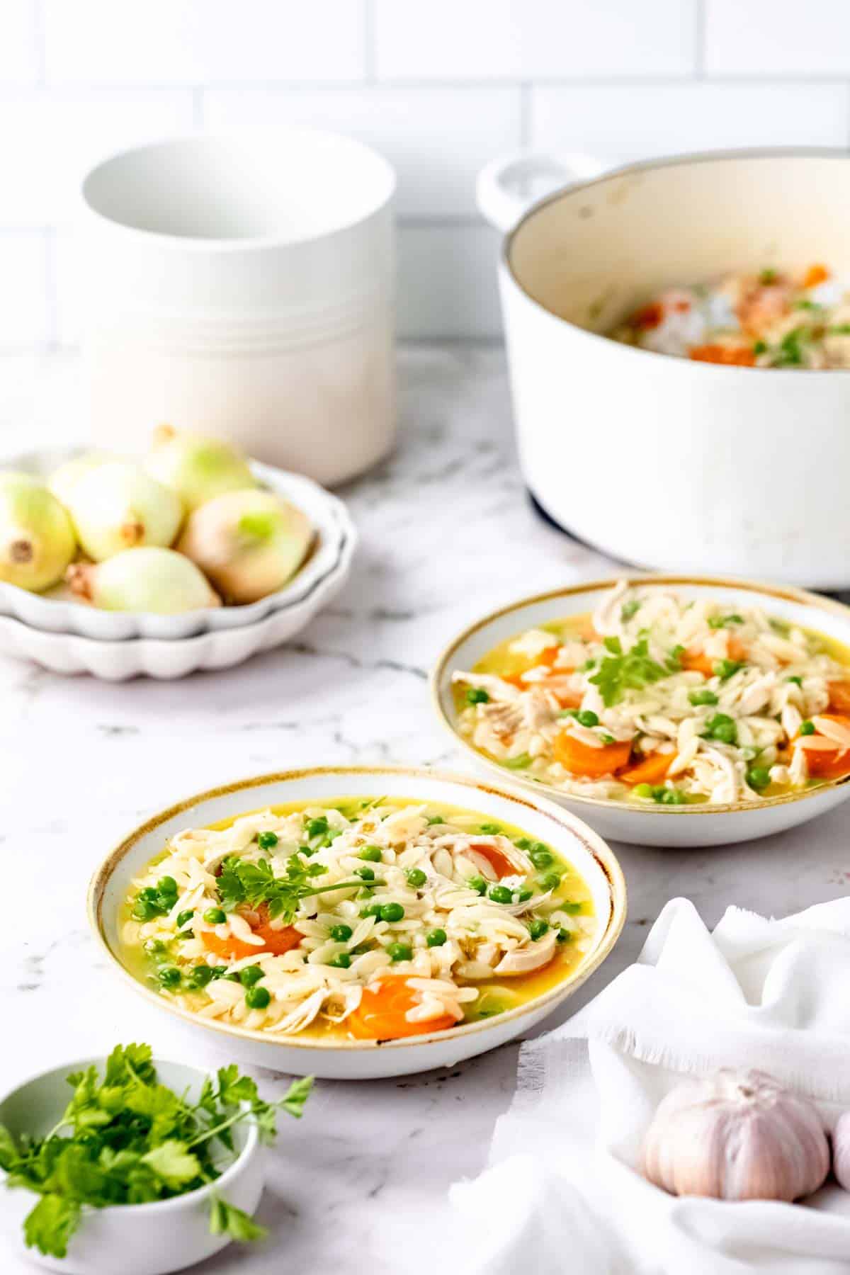 Two bowls of gluten-free chicken orzo soup side-by-side next to a white pot on a countertop.