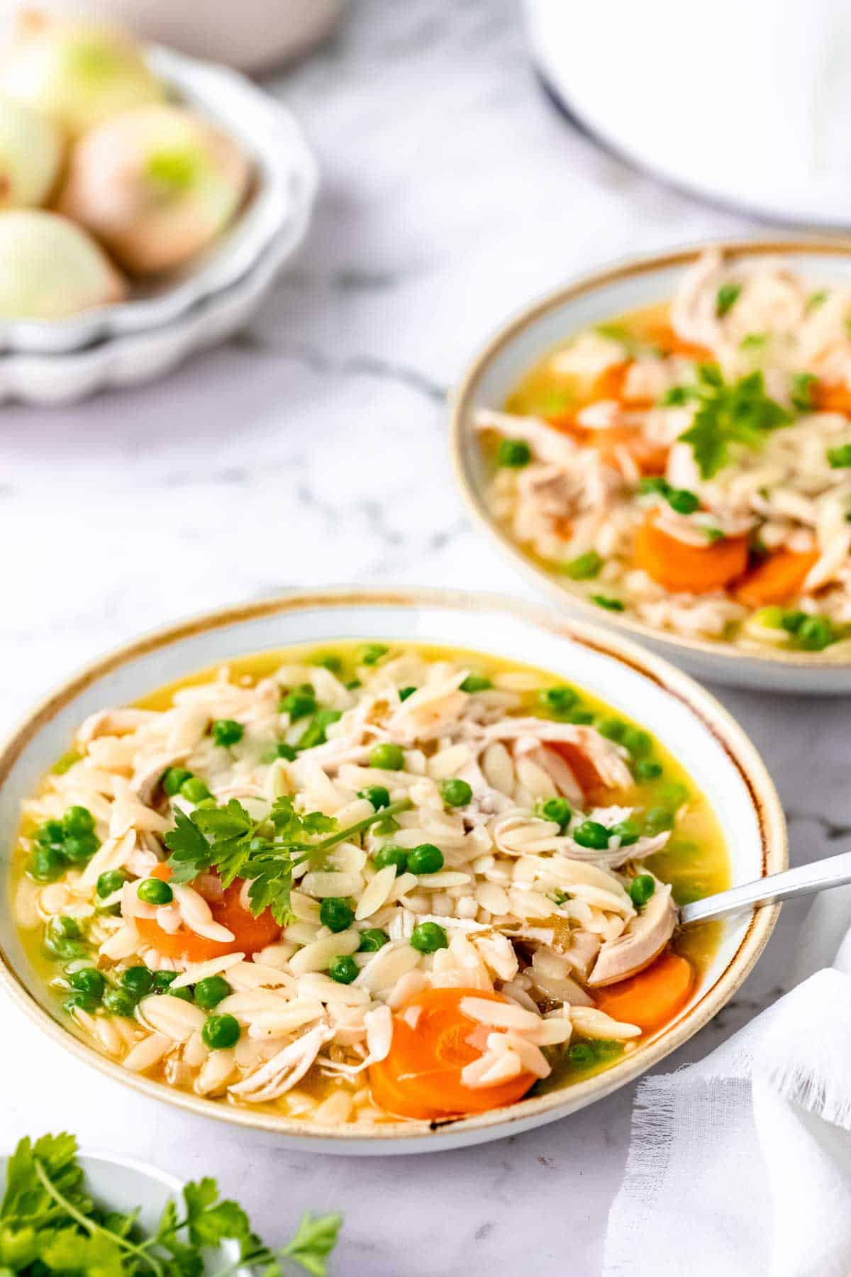 Two bowls of gluten-free chicken orzo stew side-by-side on a countertop.