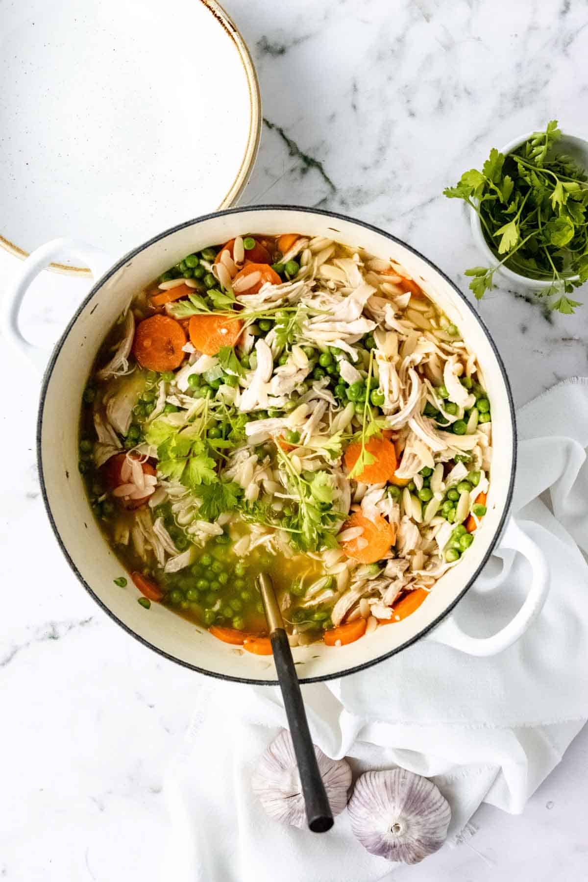 Overhead view of a large white pot filled with gluten-free chicken orzo soup.