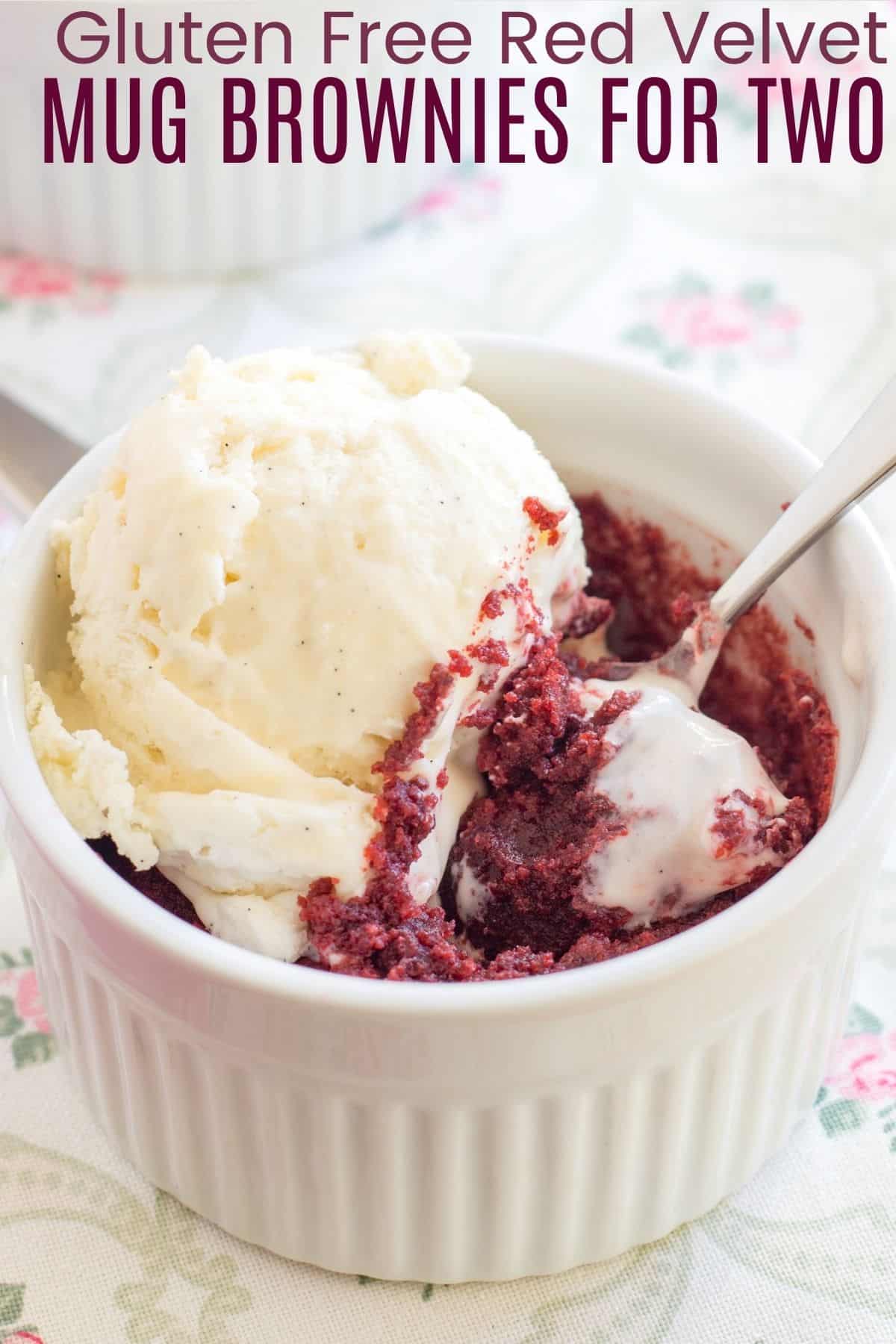 Spoon picking up a bite of red velvet brownie from a ramekin