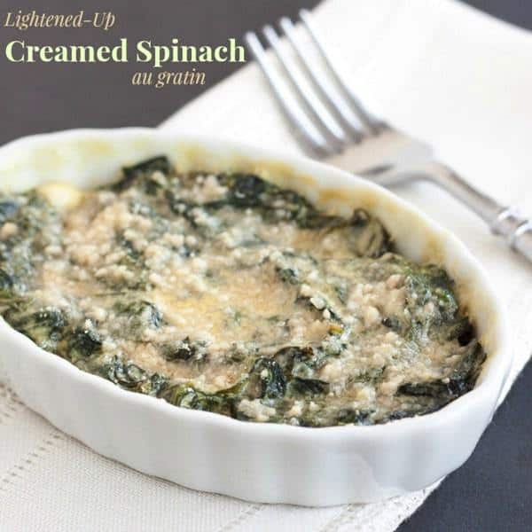 Lightened Up Creamed Spinach au Gratin - a quick, easy, and healthy version of the classic steakhouse side dish that's still creamy and delicious | cupcakesandkalechips.com | gluten free, vegetarian