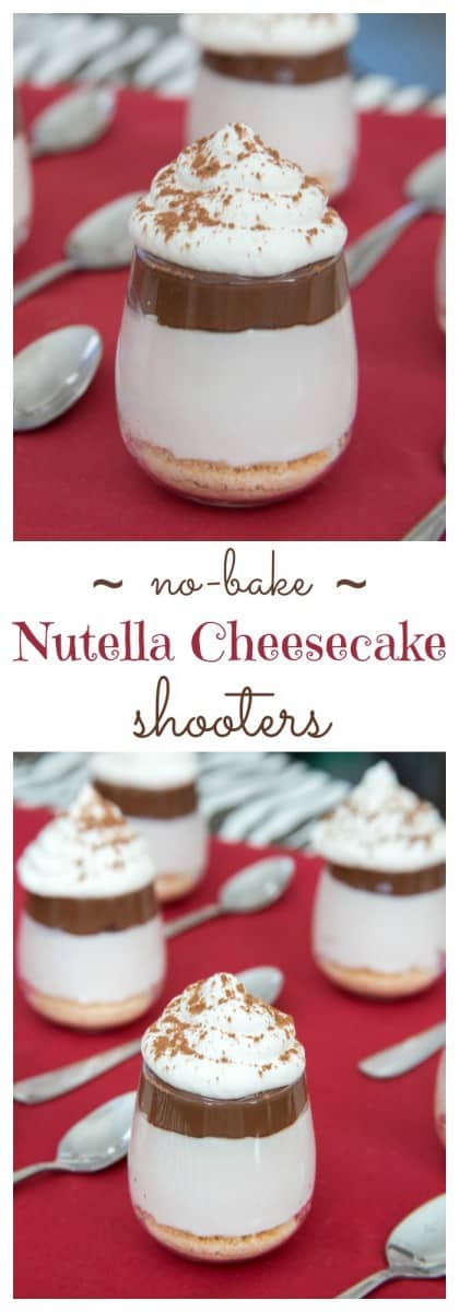 No-Bake Nutella Cheesecake Shooters - layers of cheesecake, chocolate hazelnut spread and whipped cream on top of a classic graham cracker or gluten free crust and topped with whipped cream are a simple, rich and elegant mini dessert perfect for a party! | cupcakesandkalechips.com
