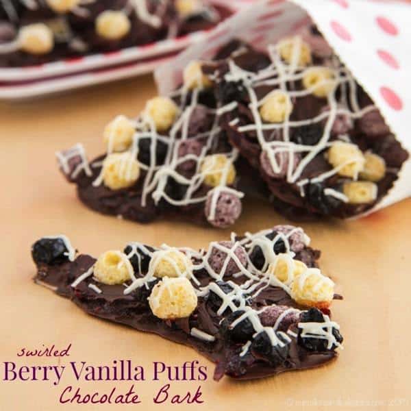 Swirled Berry Vanilla Puffs Chocolate Bark - a fun chocolaty, chewy treat that's so easy to make! Made with gluten free Cascadian Farm Berry Vanilla Puffs, and can be nut-free and vegan! | cupcakesandkalechips.com | #spon