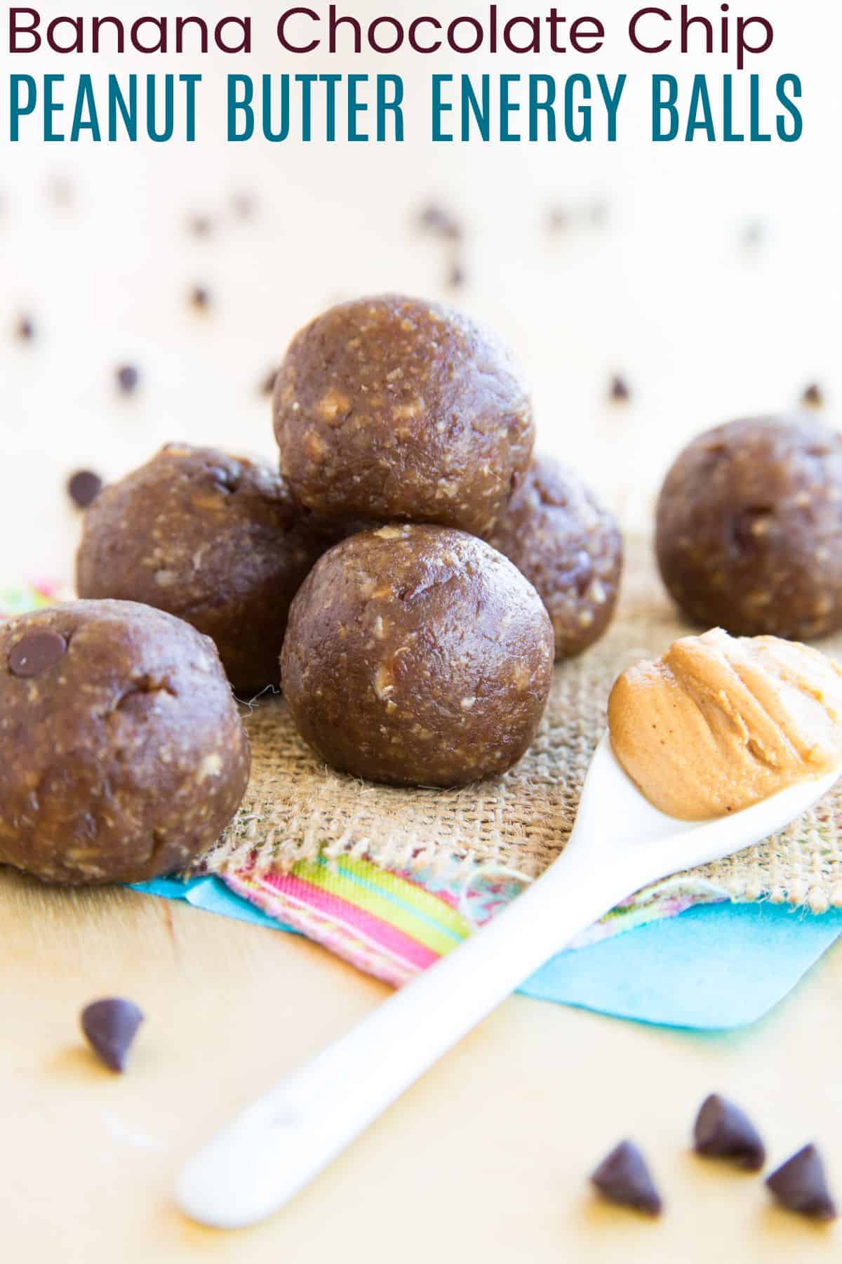 Funky Monkey Banana Chocolate Peanut Butter Energy Balls Recipe Image with title