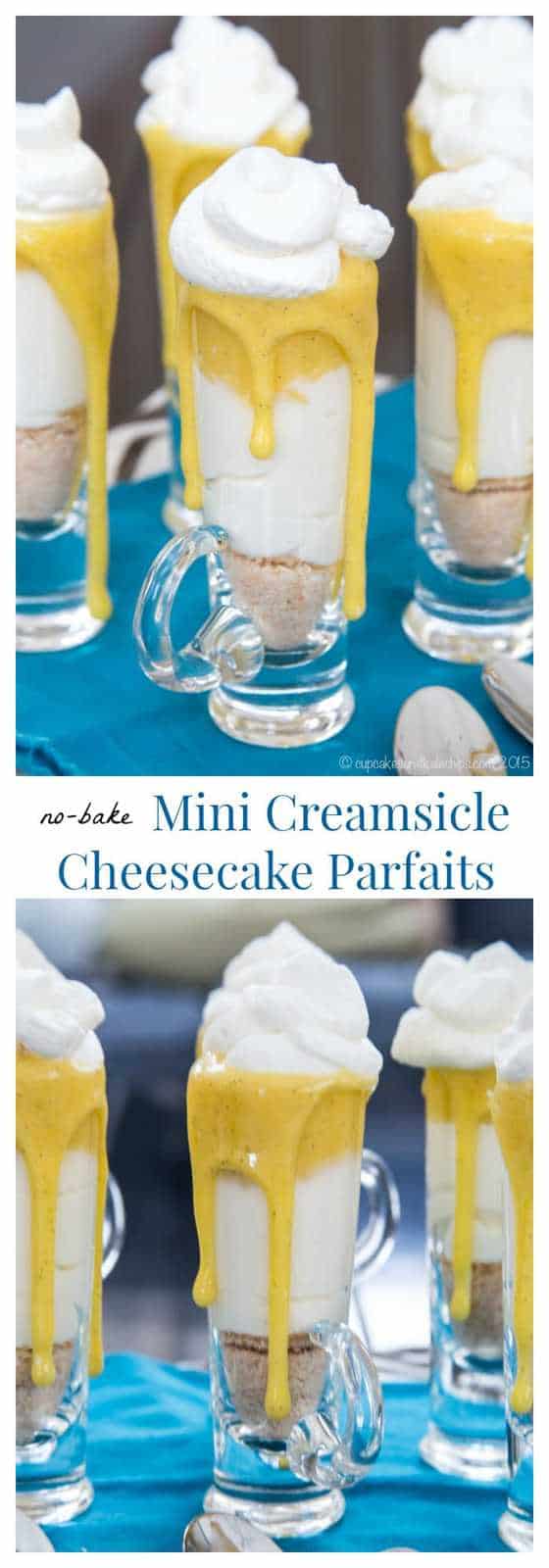 No-Bake Mini Creamsicle Cheesecake Parfaits are simple miniature desserts perfect for any spring holiday or party with a creamy cheesecake layer and the burst of citrus. Easy to make gluten free, too! | cupcakesandkalechips.com