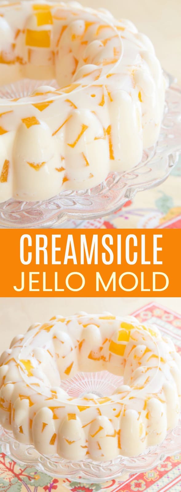 Creamsicle Jello Mold - cubes of fresh orange jello floating in vanilla ice cream gelatin is a creamy and fun retro dessert based on vintage recipes. This gluten-free no-bake dessert recipe is perfect for spring and summer. #cupcakesandkalechips #creamsicle #jello #jellomold #jellosalad #retrorecipe #glutenfree #nobakedessert