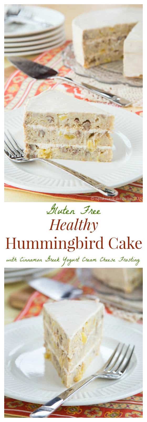 Gluten Free Healthy Hummingbird Cake with Greek Yogurt Cinnamon Cream Cheese Frosting - a moist fruit and nut filled cake sweetened with bananas and honey. Perfect for spring! | cupcakesandkalechips.com