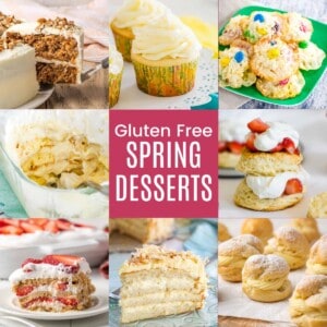 Collage of gluten free desserts for spring like strawberries and cream cake, coconut cupcakes, and more.