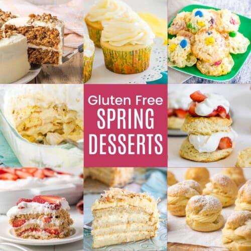 A three-by-three collage of strawberries and cream cake, coconut cake, cream puffs, banana pudding, macaroons, and more desserts with a pink box in the middle with white text that says "Gluten Free Spring Desserts".