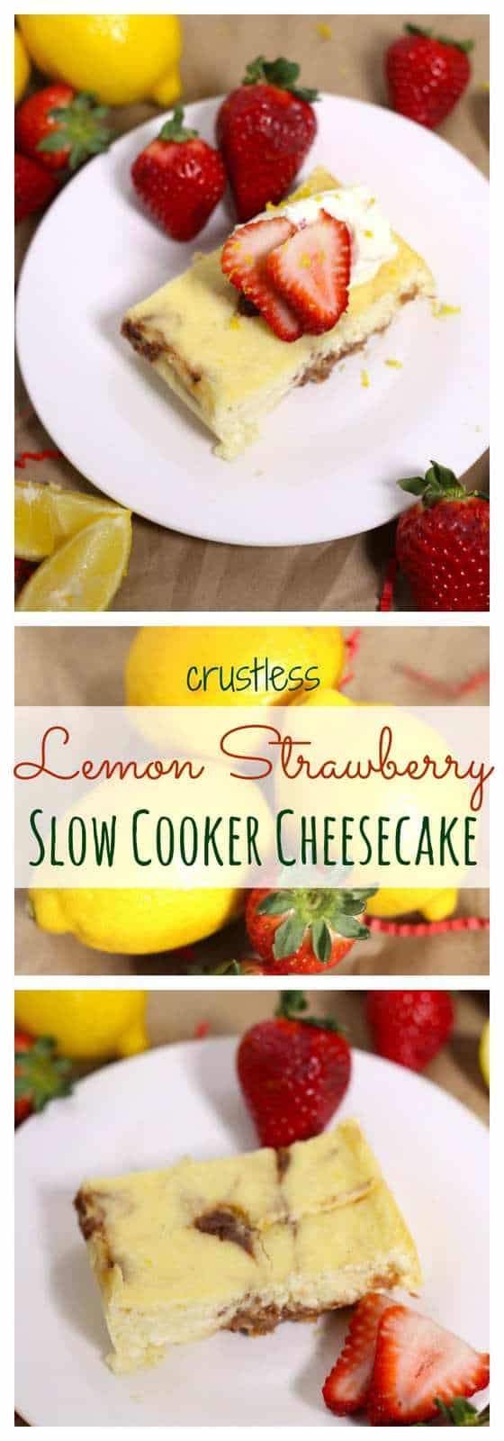 Crustless Lemon Strawberry Slow Cooker Cheesecake is a rich, creamy, and totally fantastic cheesecake recipe that is baked in the crockpot! | cupcakesandkalechips.com | gluten free