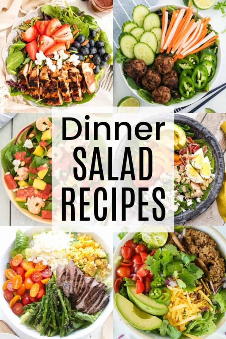 collage of grilled steak and asparagus salad, shrimp cobb salad, grilled chicken and berry salad, chicken caesar salad, taco salad, and lobster cobb salad