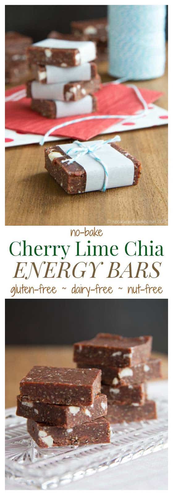 No-Bake Cherry Lime Chia Energy Bars - a super easy and healthy snack, perfect for busy days! Plus they are gluten free, grain free, nut free, vegan and dairy free! | cupcakesandkalechips.com