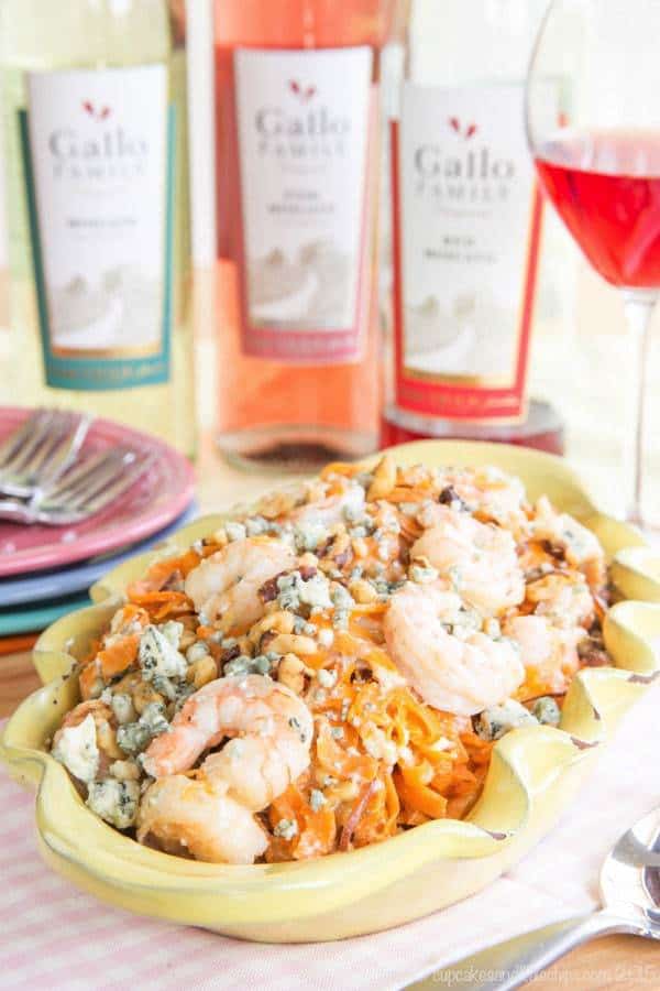 Honey Walnut and Blue Cheese Shrimp with Sweet Potato Noodles - a sophisticated but easy seafood recipe with tons of flavor! Super creamy with a bit of crunch! | cupcakesandkalechips.com | gluten free, grain free