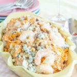 Honey Walnut Shrimp with blue cheese on sweet potato noodles