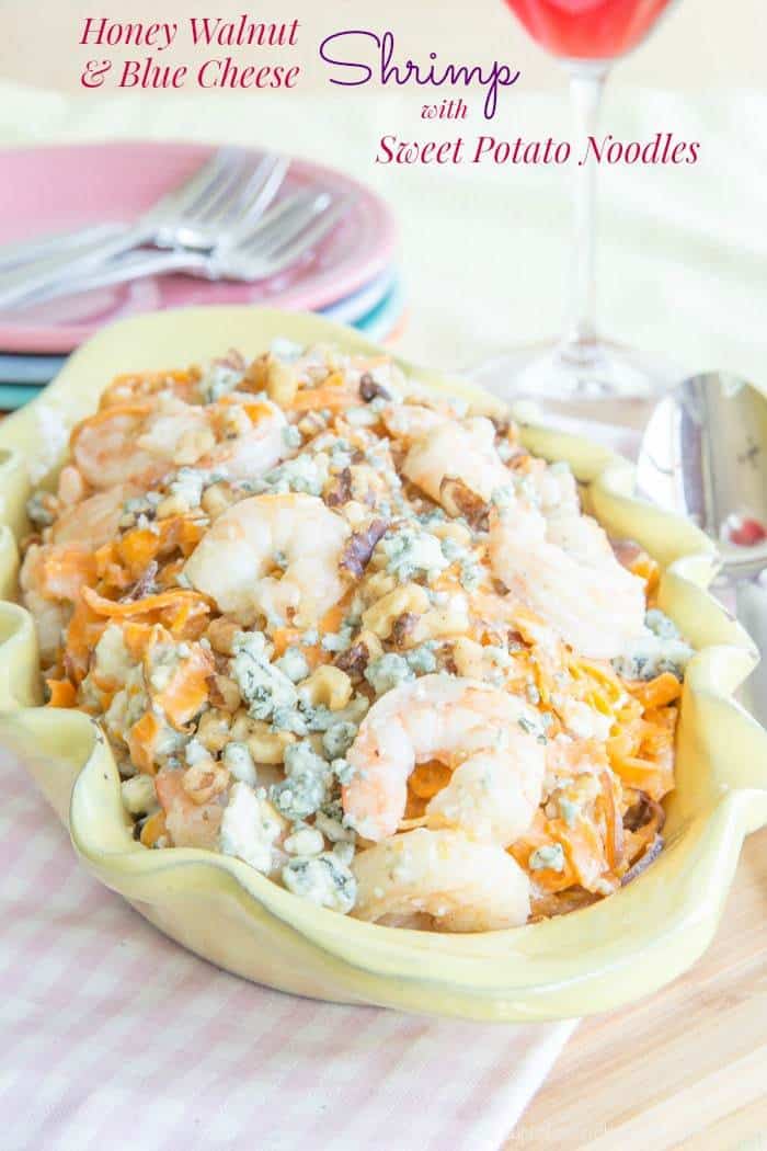 Honey Walnut and Blue Cheese Shrimp with Sweet Potato Noodles - a sophisticated but easy seafood recipe with tons of flavor! Super creamy with a bit of crunch! | cupcakesandkalechips.com | gluten free, grain free