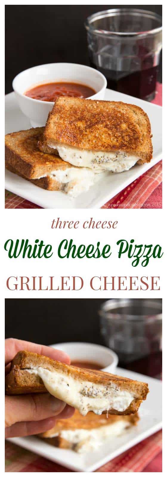 Three Cheese White Cheese Pizza Grilled Cheese combines the cheesy goodness of white pizza and the classic comfort food sandwich in one. No need to order delivery or make pizza crust! | cupcakesandkalechips.com | vegetarian