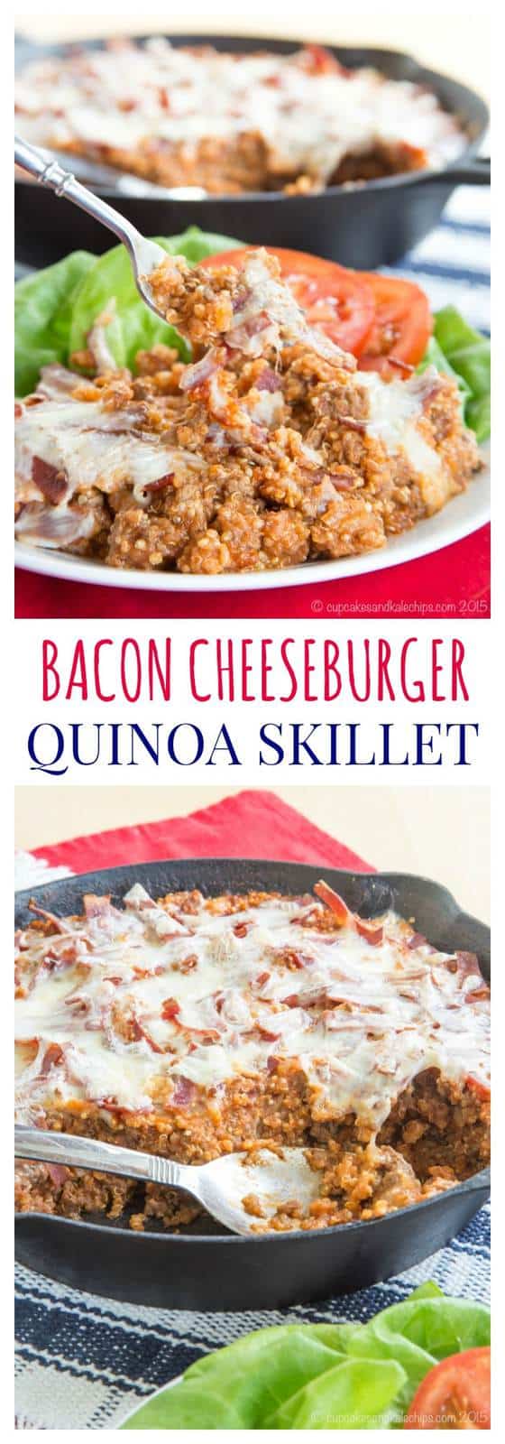 Bacon Cheeseburger Quinoa Skillet - a healthy, family-friendly meal with all of the ingredients and flavors of a beefy favorite. My boys devoured this protein-packed recipe. | cupcakesandkalechips.com | gluten free recipe