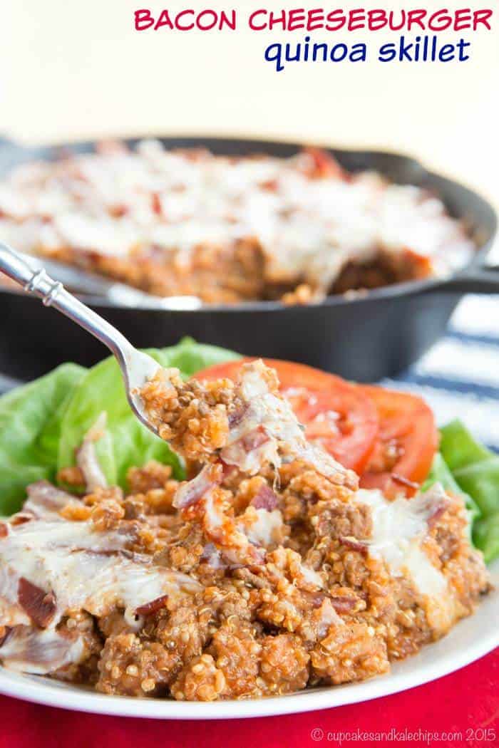 Bacon Cheeseburger Quinoa Skillet - a healthy, family-friendly meal with all of the ingredients and flavors of a beefy favorite. My boys devoured this protein-packed recipe. | cupcakesandkalechips.com | gluten free recipe